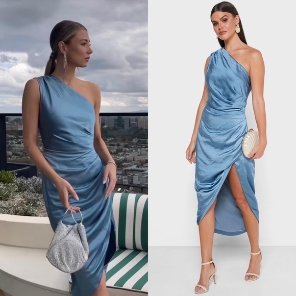 *NWT ELLIATT 70s Satin Sleeveless 1 Shoulder Ruched Faux Wrap Asymmetric Dress M - Picture 1 of 16